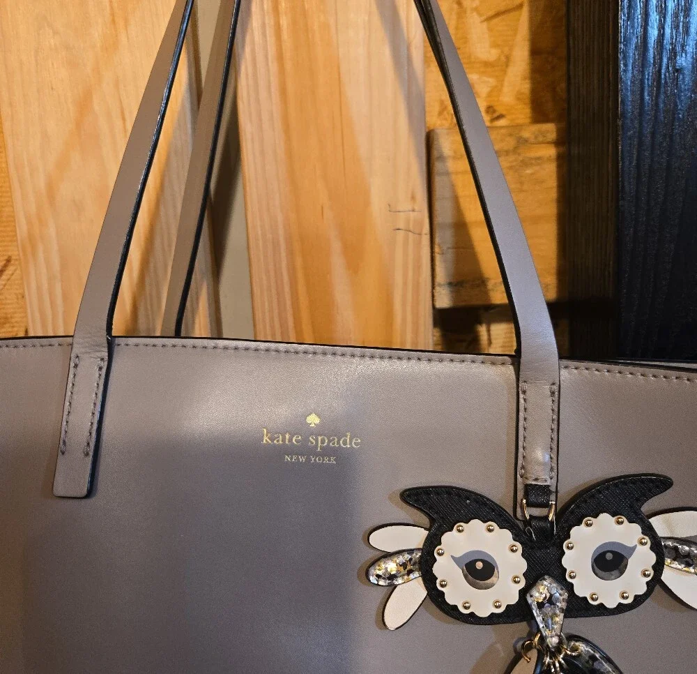 kate spade Taupe Leather Tote with Floral Charm